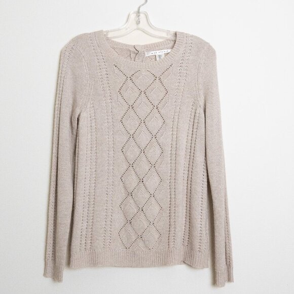 Max Studio Sweater Merino Wool Blend Beige Diamond Knit Pullover Medium - Picture 2 of 12